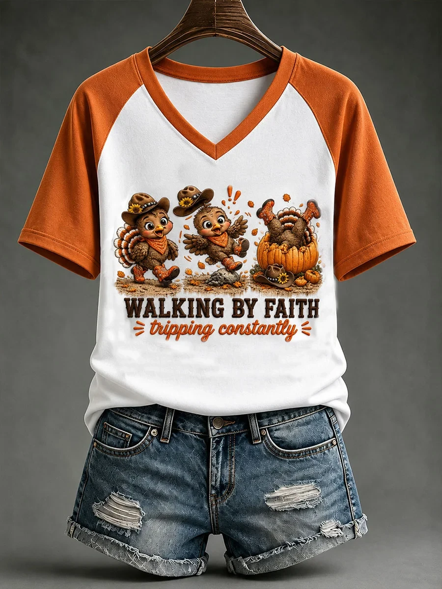 Walking By Faith Tripping Constantly Turkey V-Neck T-Shirt Christian Gifts For Mom - Kdjoy Walking By Faith Tripping Constantly Turkey V-Neck T-Shirt Christian Gifts For Mom - Kdjoy