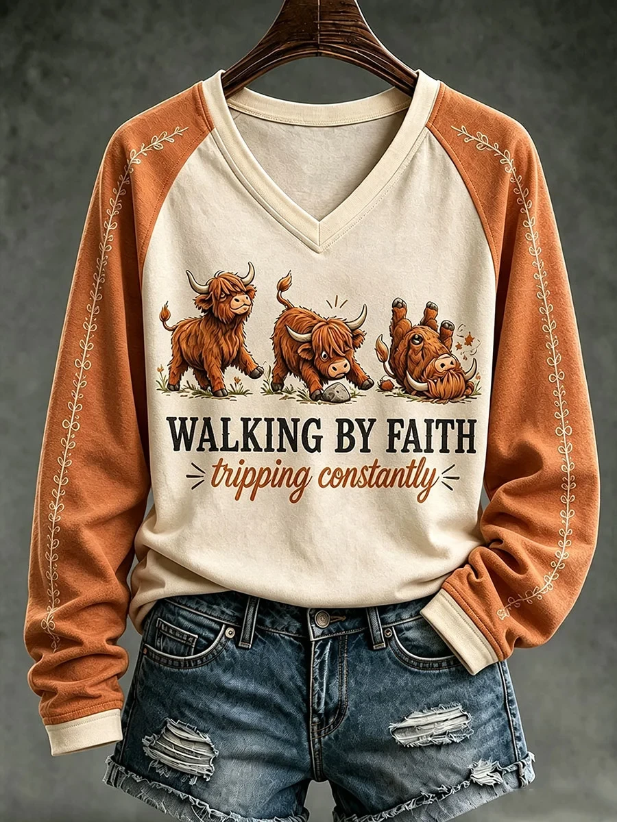 Walking By Faith Tripping Constantly V-Neck Long Sleeve Shirt Funny Highland Cow Clothes Gift - Kdjoy