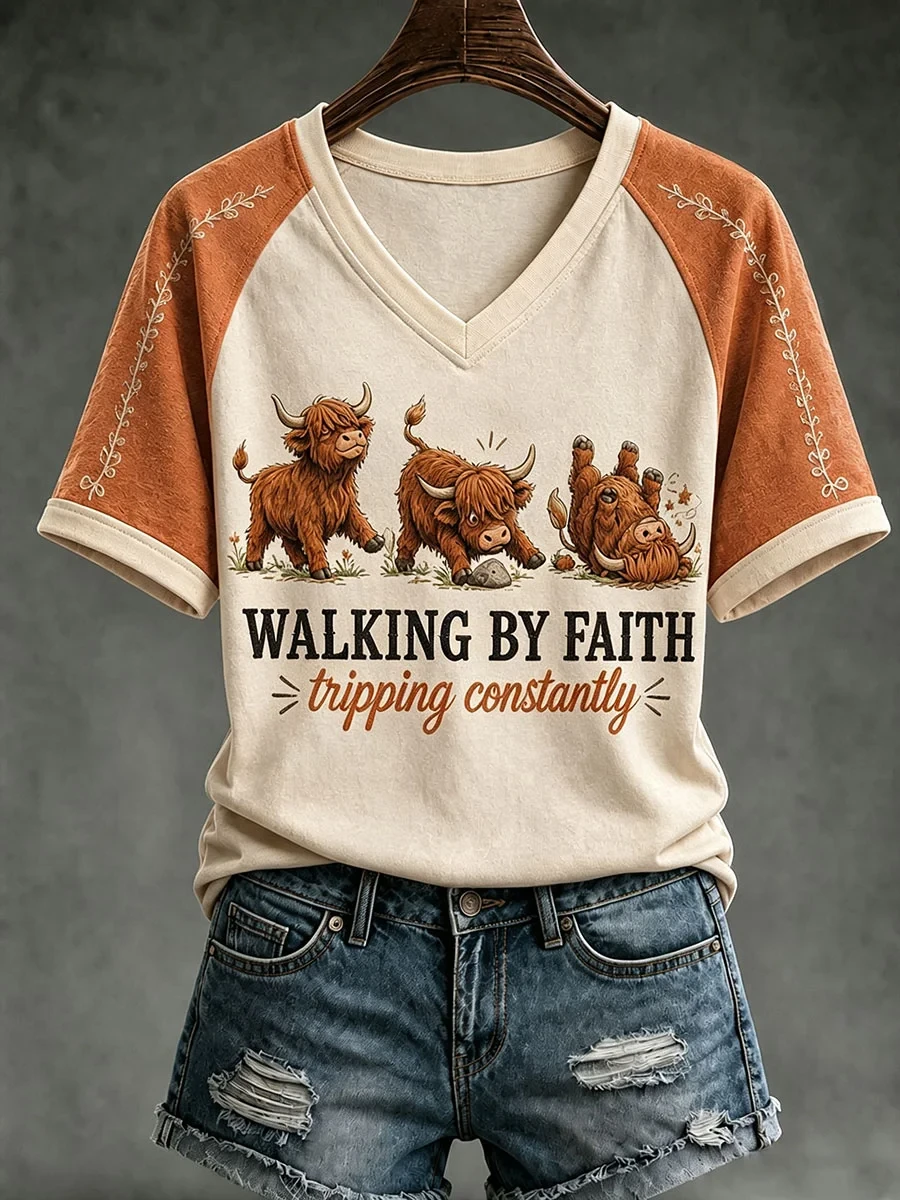 Walking By Faith Tripping Constantly V-Neck Shirt Autumn Faith Based Clothing Lines Christ Gift - Kdjoy