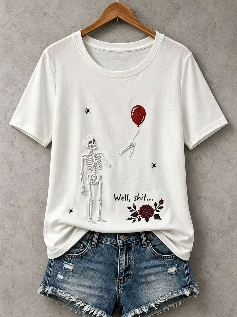 Well Shit Skeleton Red Balloon Rose T-Shirt Halloween Spooky Tee Gift For Halloween - Kdjoy