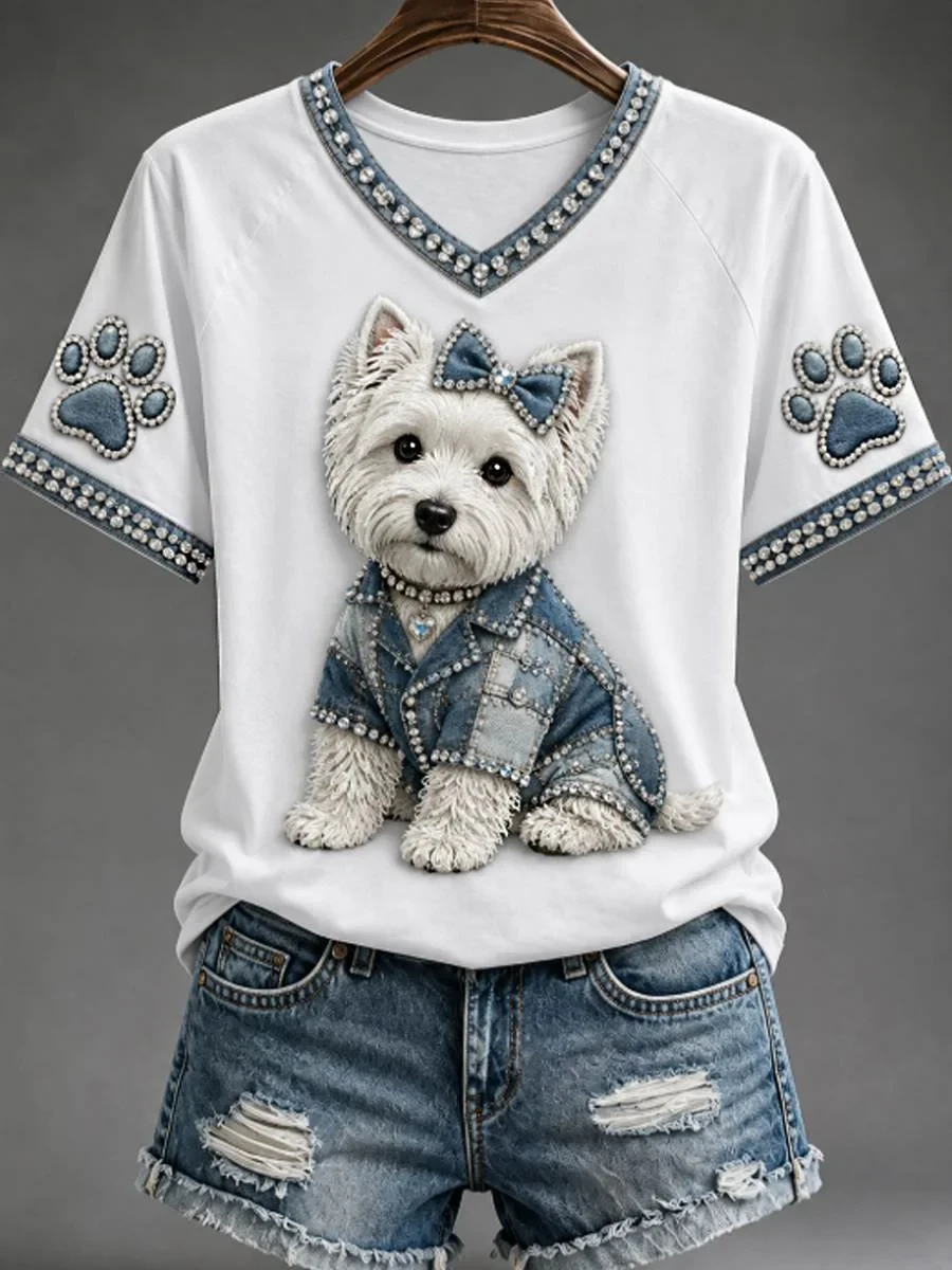 West Highland Terrier Dog V-Neck Shirt White Cute Animal Apparel Gift For Dog Lovers - Kdjoy