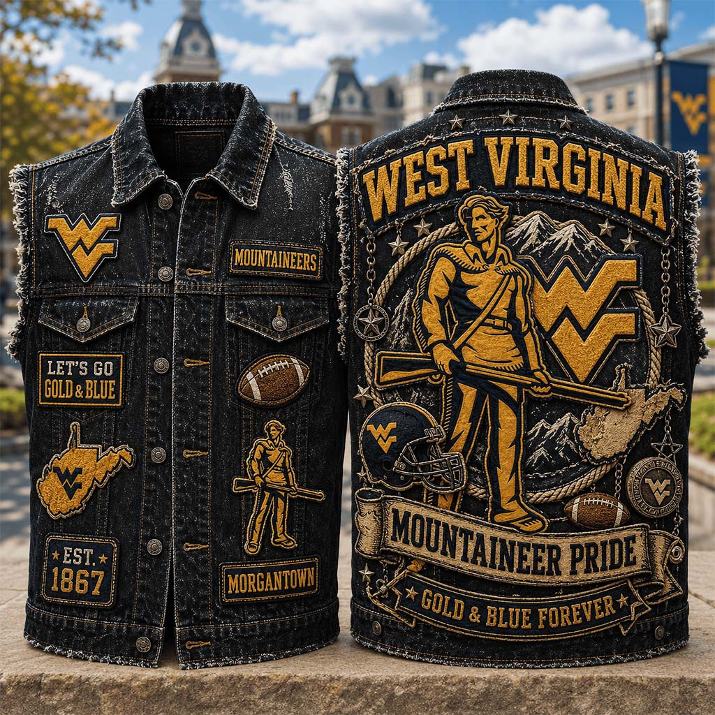 West Virginia Mountaineers Merch Mountaineer Pride Gold And Blue Forever Denim Vest Fan Gifts - Kdjoy