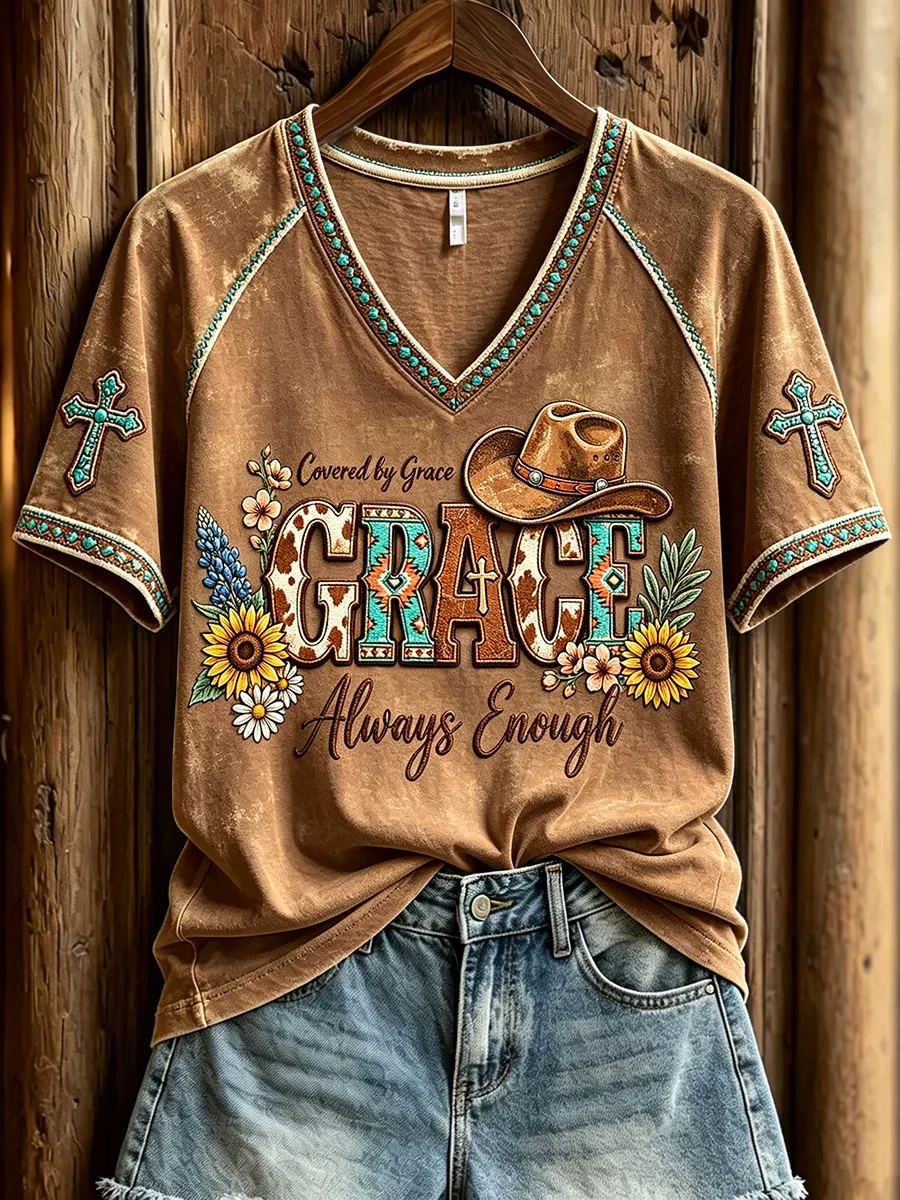 Western Christian Grace Always Enough V-Neck Shirt Faith Based Gifts For Cowgirl - Kdjoy