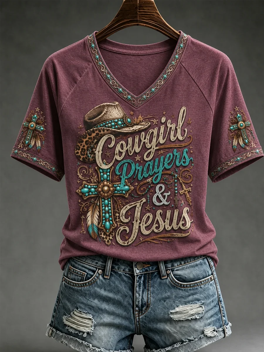 Western Cowgirl Prayers And Jesus V-Neck Shirt Elevated Faith Clothing Christian Gifts - Kdjoy