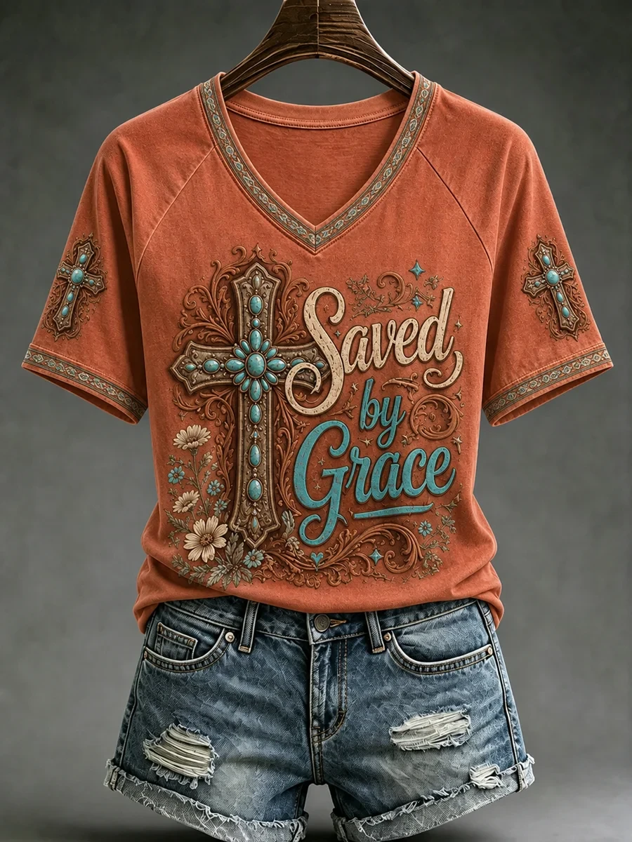 Western Cross Saved By Grace V-Neck Shirt Clothes Of Faith Christian Gift Ideas - Kdjoy