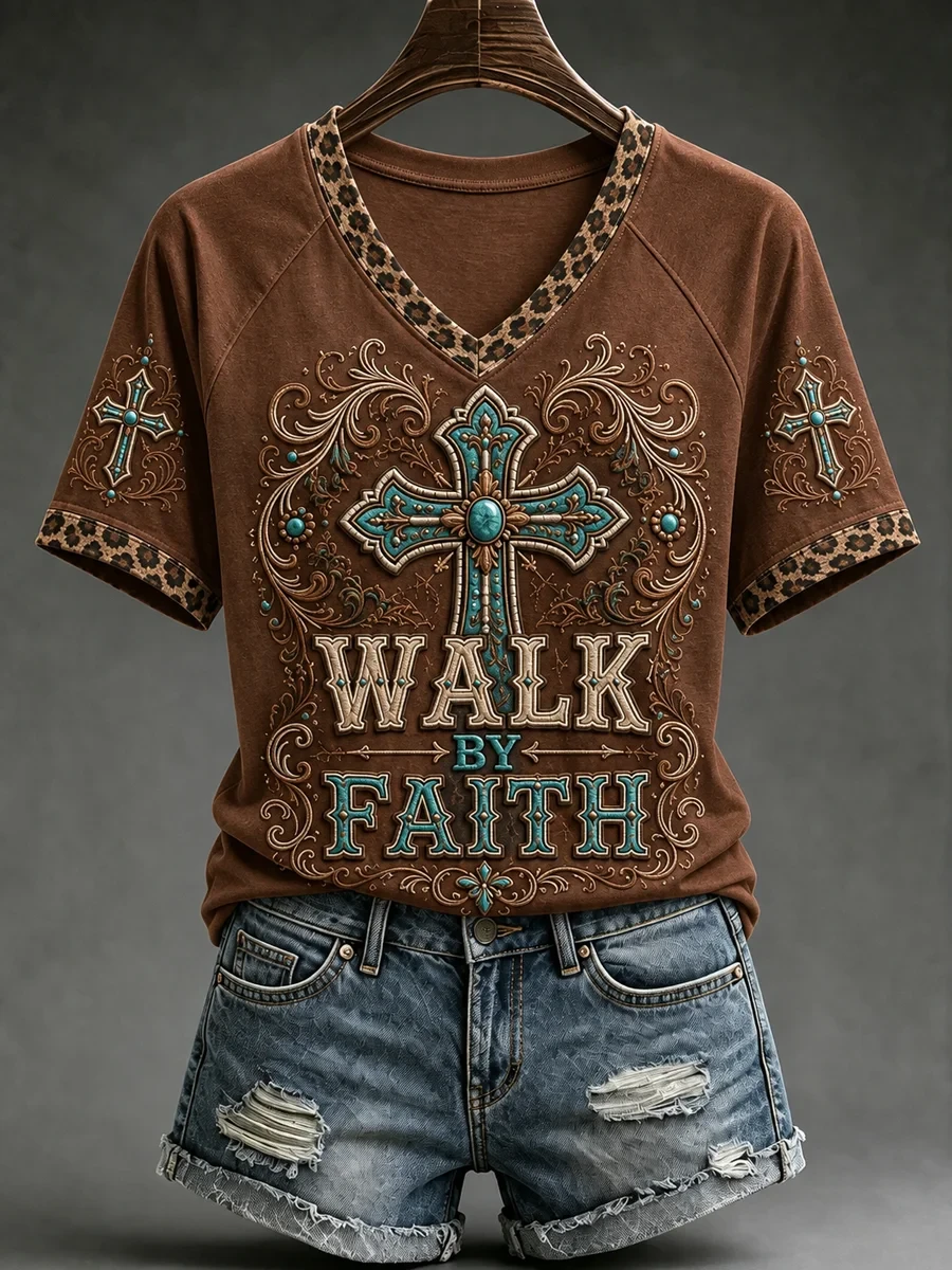 Western Cross Walk By Faith V-Neck Shirt Christian Clothing Gift Ideas for Sisters - Kdjoy