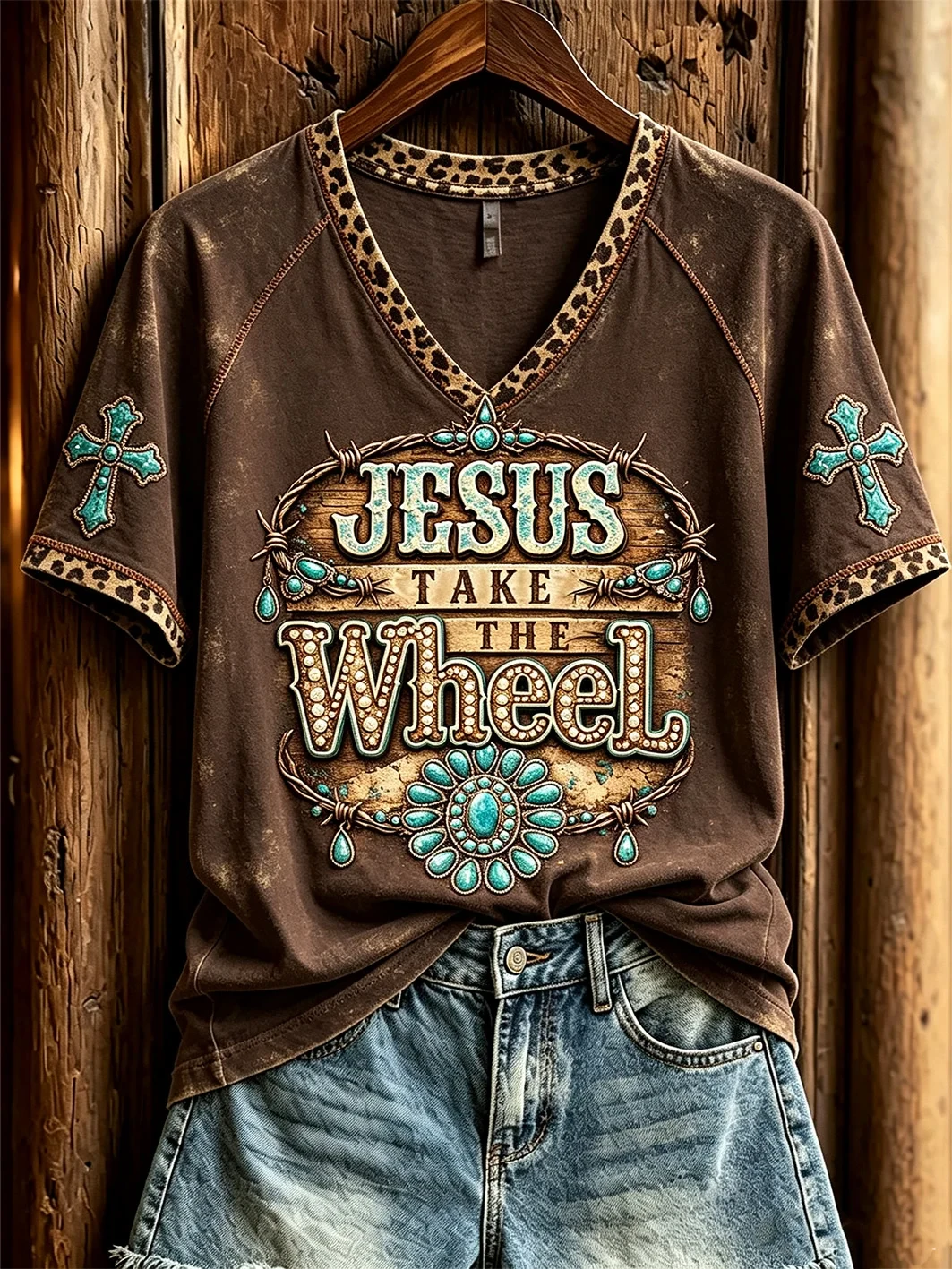 Western Jesus Take The Wheel V-Neck Shirt Christian Faith Clothing Gifts For Christ - Kdjoy