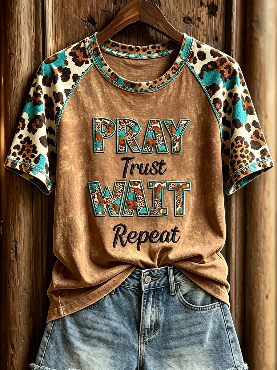 Western Pray Trust Wait Repeat T-Shirt Faith Based Apparel Religious Gifts For Mom - Kdjoy