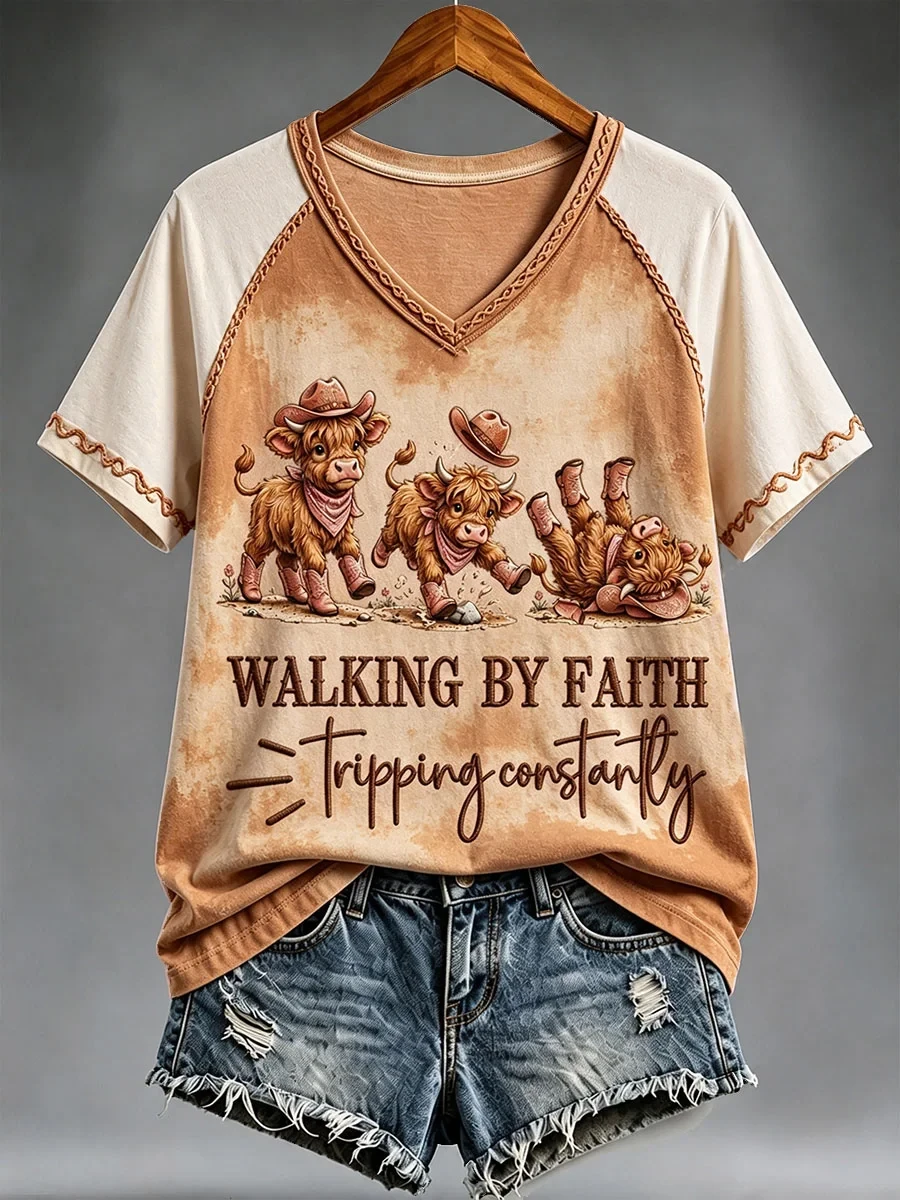 Western Walking By Faith Tripping Constantly V-Neck Shirt Faith Wear Clothing Gift For BFF - Kdjoy