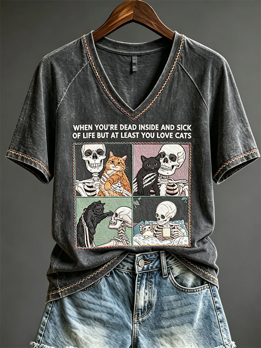 When Youre Dead Inside And Sick Of Life But At Least You Love Cats V-Neck Shirt Halloween Gifts - Kdjoy When Youre Dead Inside And Sick Of Life But At Least You Love Cats V-Neck Shirt Halloween Gifts - Kdjoy