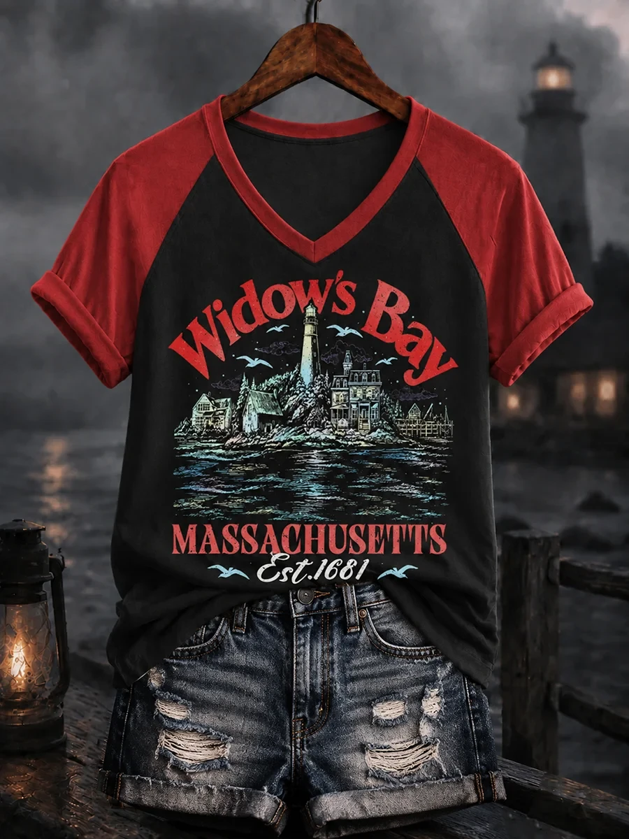 Widow's Bay Massachusetts Est 1681 V-Neck Shirt Halloween Outfits Gift For Horror Lovers - Kdjoy Widow's Bay Massachusetts Est 1681 V-Neck Shirt Halloween Outfits Gift For Horror Lovers - Kdjoy