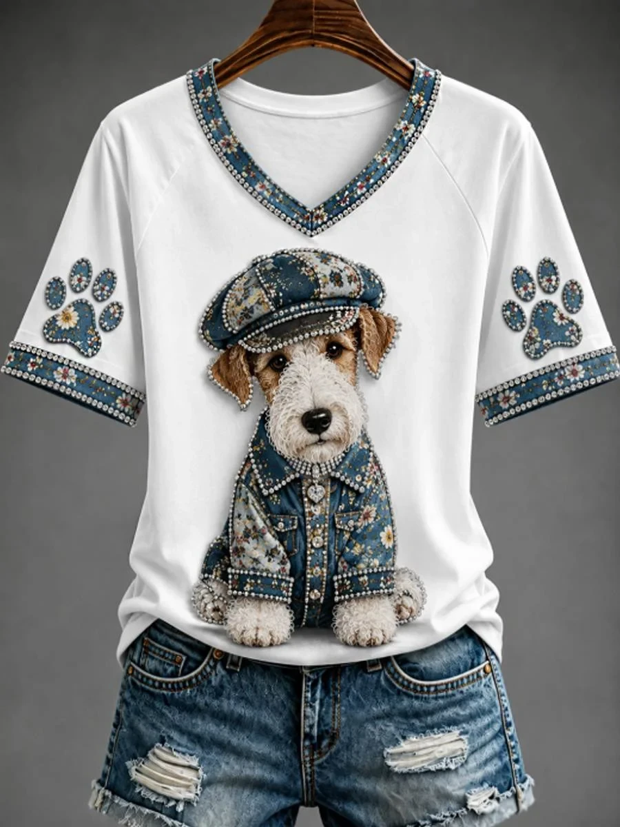 Wire Fox Terrier Dog V-Neck Shirt White Cute Animal Apparel Best Gift For Dog Lovers - Kdjoy