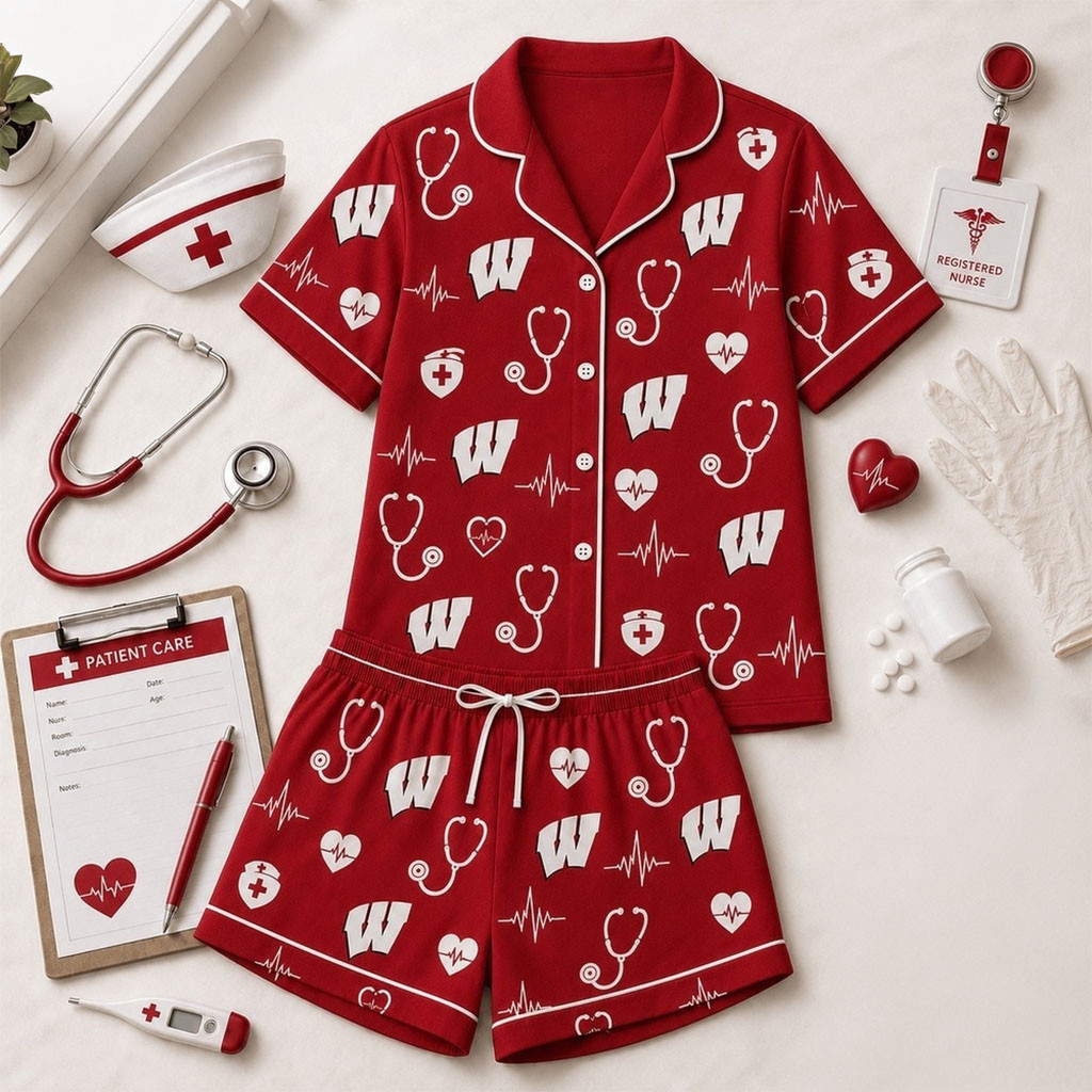 Wisconsin Badgers Heartbeats And Home Teams Short Sleeve Pajamas Set Badgers Merch Fans Gifts - Kdjoy Wisconsin Badgers Heartbeats And Home Teams Short Sleeve Pajamas Set Badgers Merch Fans Gifts - Kdjoy
