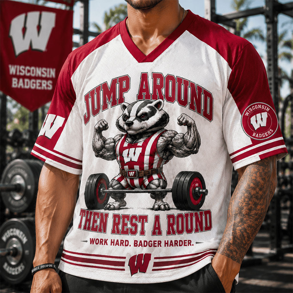 Wisconsin Badgers Merch 2026 Jump Around Then Rest A Round V-Neck Jersey Gym Gift Ideas - Kdjoy Wisconsin Badgers Merch 2026 Jump Around Then Rest A Round V-Neck Jersey Gym Gift Ideas - Kdjoy
