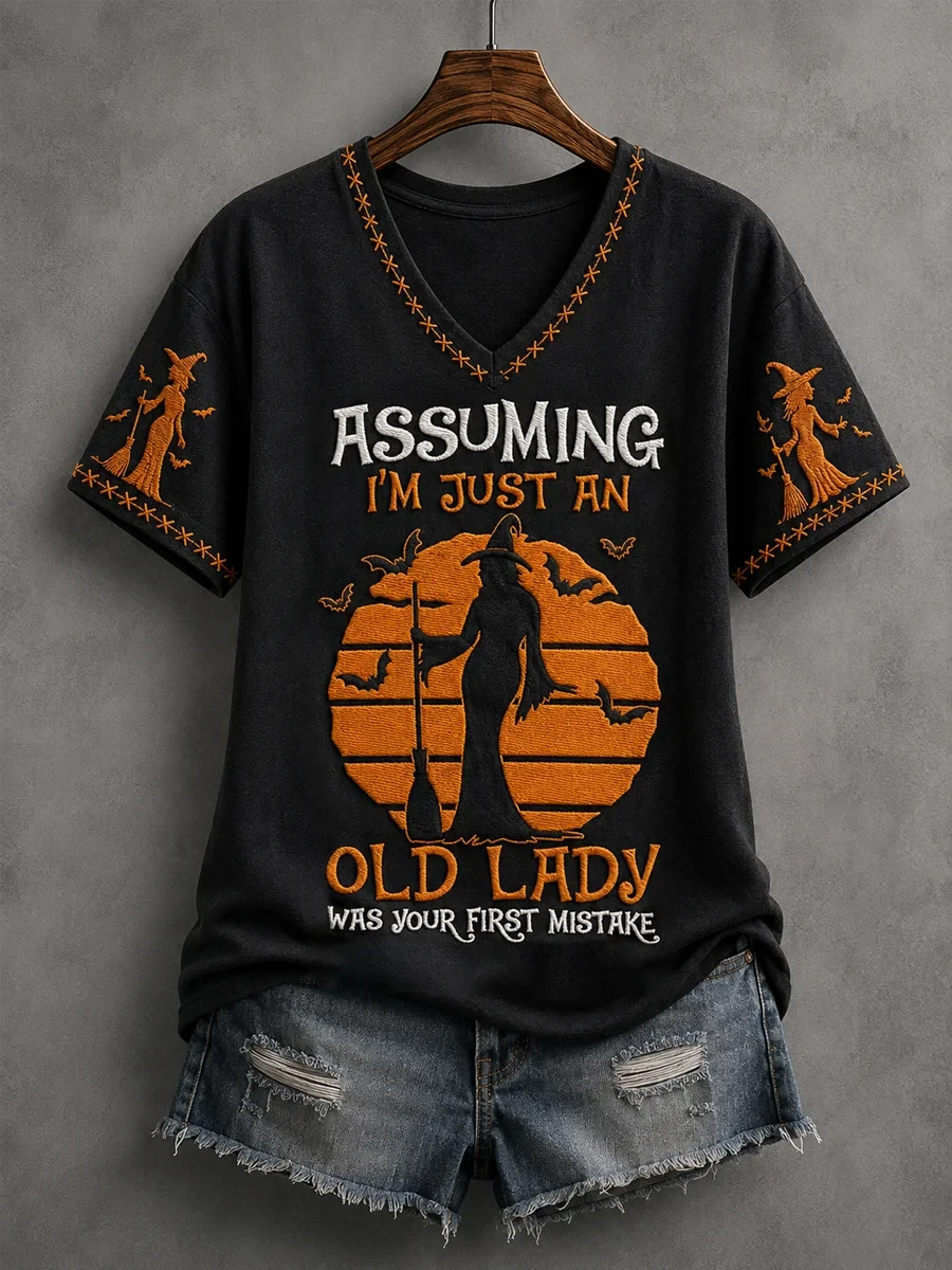 Witch Assuming I'm Just An Old Lady Was Your First Mistake V-Neck Shirt Halloween Outfits - Kdjoy Witch Assuming I'm Just An Old Lady Was Your First Mistake V-Neck Shirt Halloween Outfits - Kdjoy