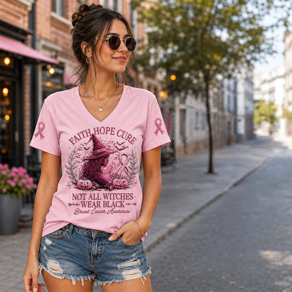 Witch Breast Cancer Awareness October Pink V-Neck Shirt Faith Hope Club Tee Gifts For Her - Kdjoy