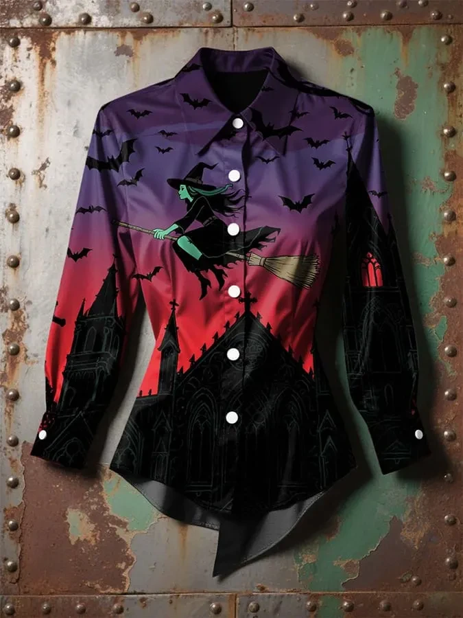 Witch Castle Moon Button Up Long Shirt Halloween Clothing Gift For Spooky Season - Kdjoy