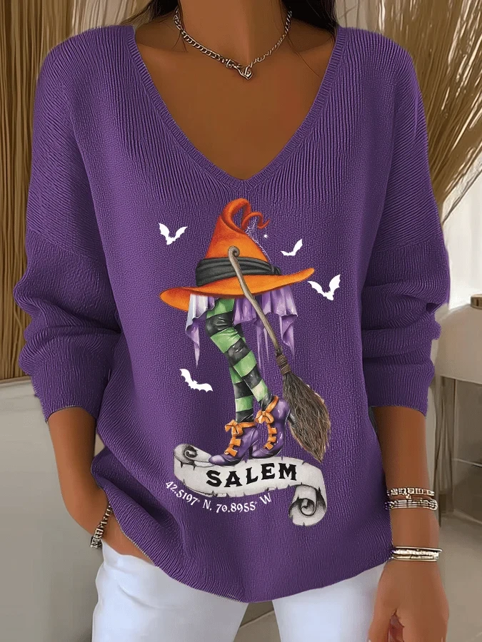 Witch Flying Spooky V-Neck Long Sleeve Shirt Halloween Clothing Gift For Her - Kdjoy