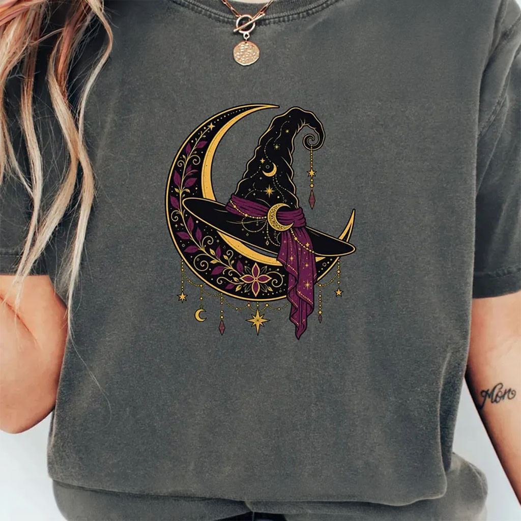 Witch Hat On Crescent Moon Shirt Celestial Witchy Halloween Shirt For Women Spooky Gifts - Kdjoy