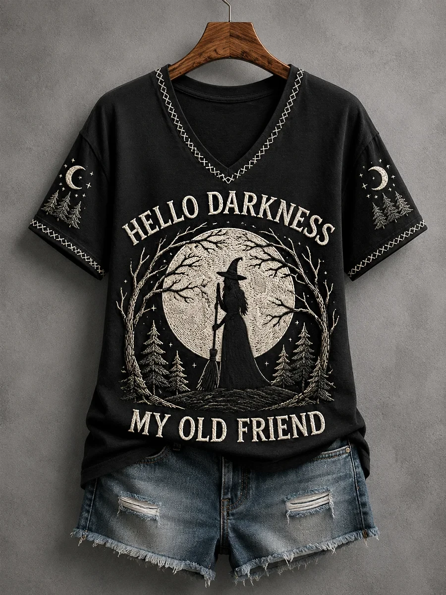 Witch Hello Darkness My Old Friend V-Neck Shirt Funny Halloween Shirts Gifts For Witch Lovers - Kdjoy