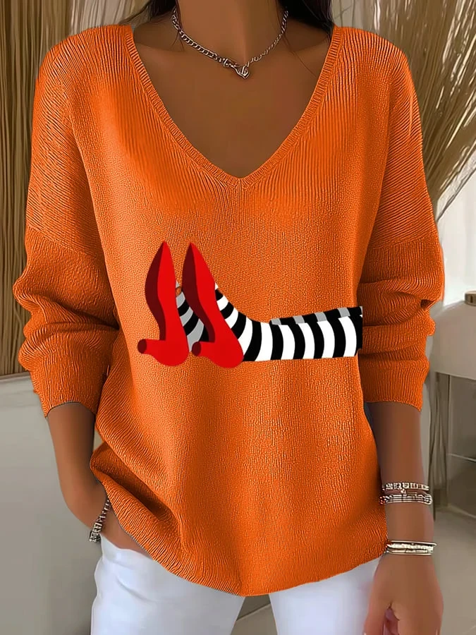 Witch Legs Red Striped Shoes V-Neck Long Sleeve Shirt Hilarious Halloween Clothing Gift - Kdjoy