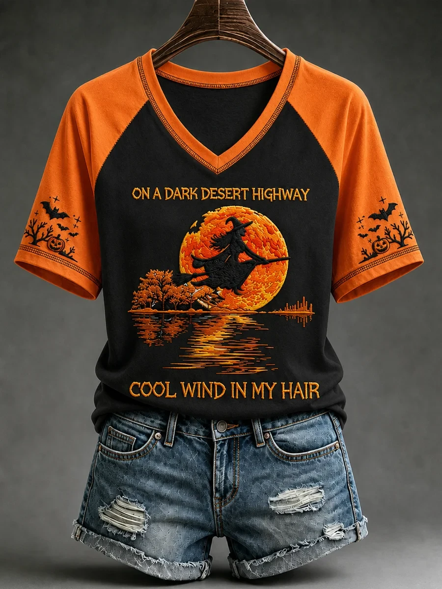 Witch On A Dark Desert Highway Cool Wind In My Hair V-Neck Shirt Halloween Gifts For her - Kdjoy