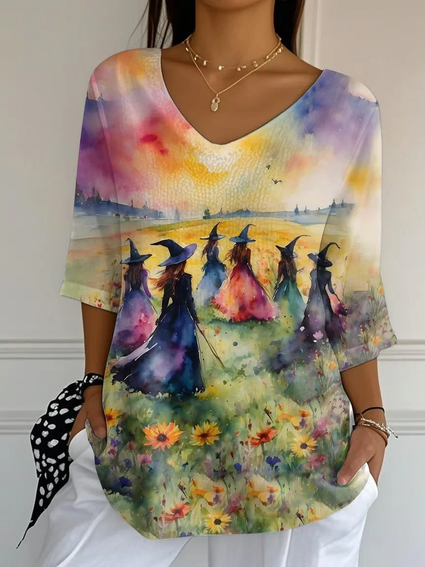 Witches Art Floral Crop Sleeve V-Neck Shirt Good Halloween Outfits Best Gift For Mom - Kdjoy Witches Art Floral Crop Sleeve V-Neck Shirt Good Halloween Outfits Best Gift For Mom - Kdjoy