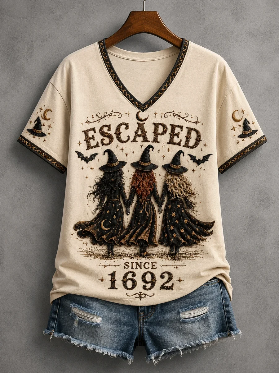 Witches Escaped Since 1692 V-Neck Shirt Funny Halloween Clothing Gifts For Besties - Kdjoy