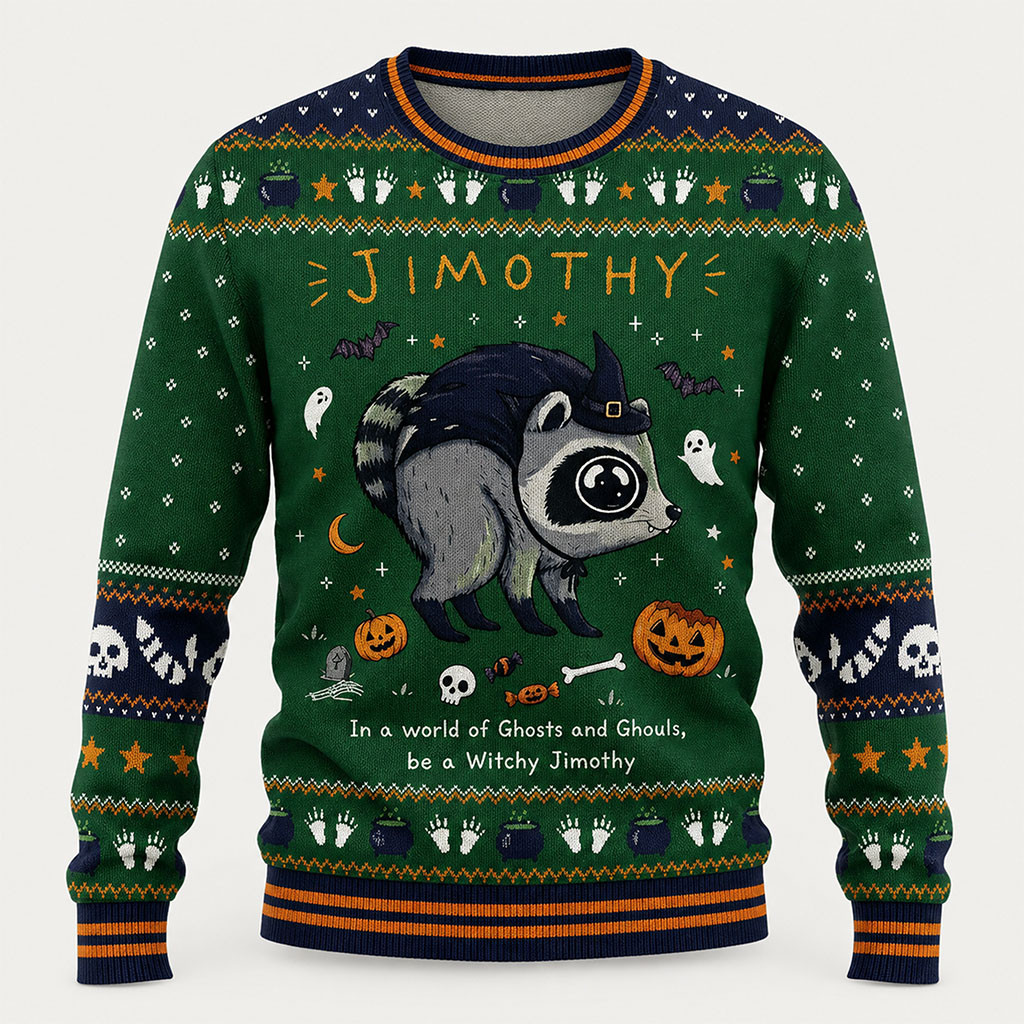 Witchy Jimothy Halloween Ugly Holiday Sweater Funny Raccoon Apparel Gifts For Halloween