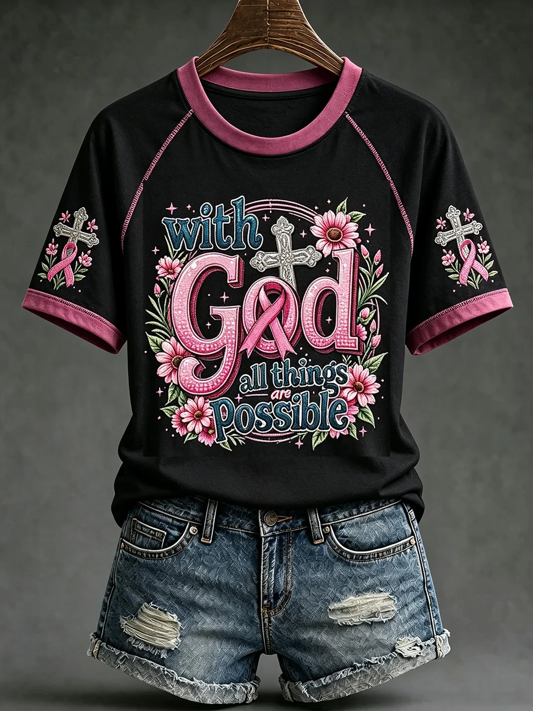 With God All Things Are Possible T-Shirt Faith Breast Cancer Shirt Halloween Gifts For Wife - Kdjoy