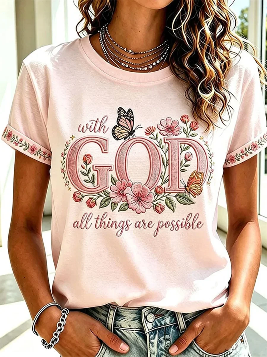 With God All Things Are Possible T-Shirt Floral Faith Based Apparel Christian Gift For Wife - Kdjoy