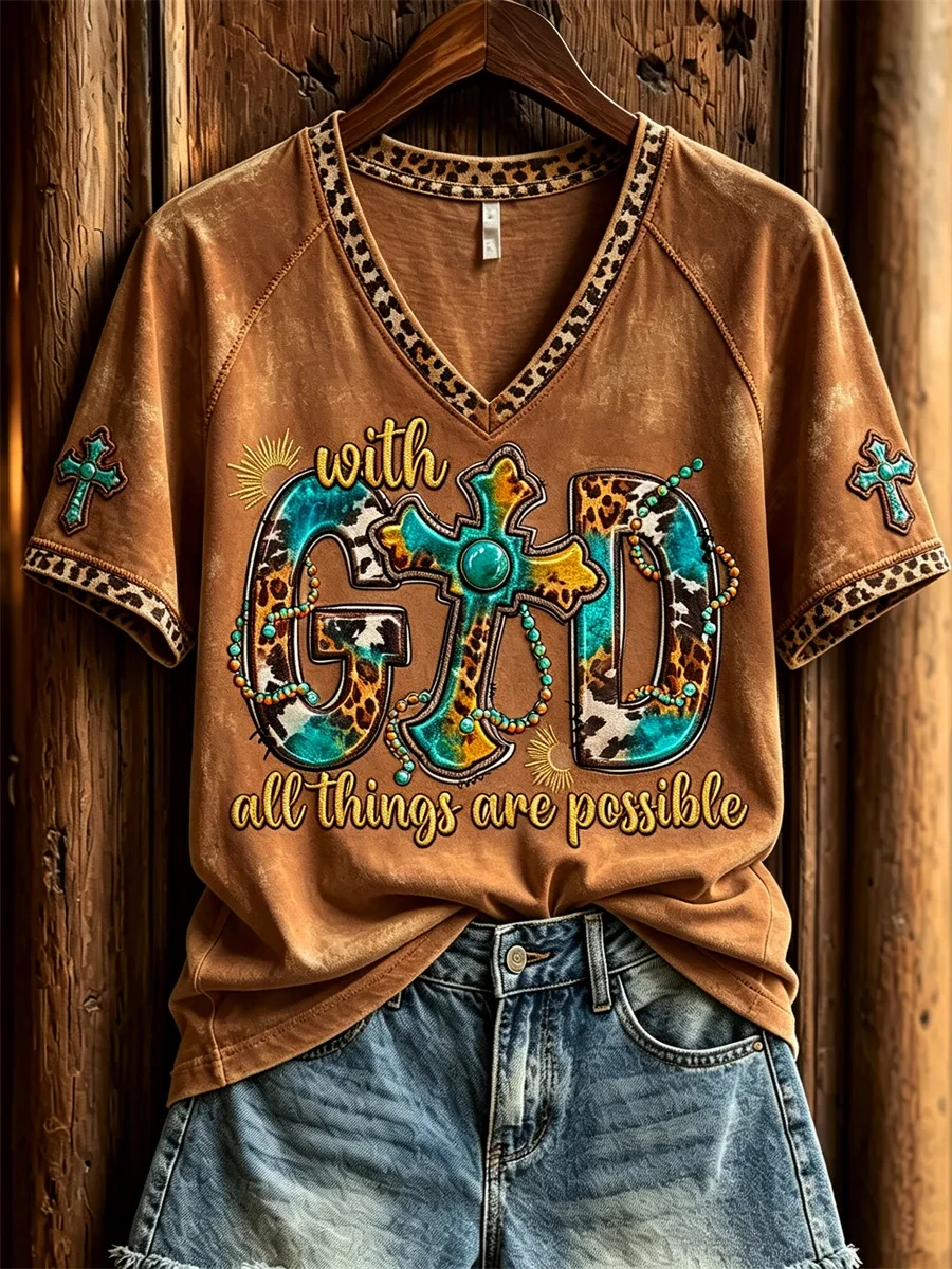 With God All Things Are Possible Western V-Neck Shirt Christian Faith Clothing Gift For Mom - Kdjoy