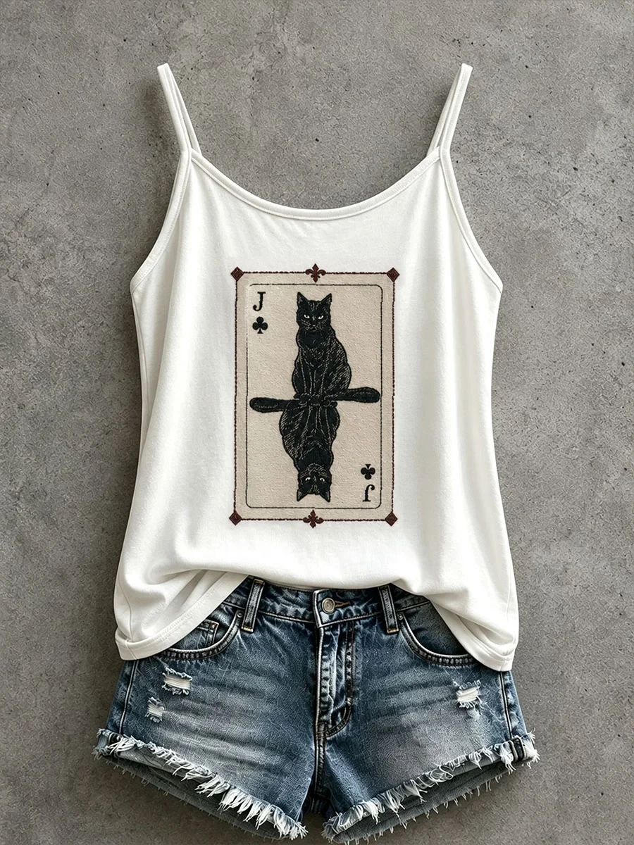 Women's Black Cat Playing Cards Tank Top Halloween Clothes Gift For Friends - Kdjoy