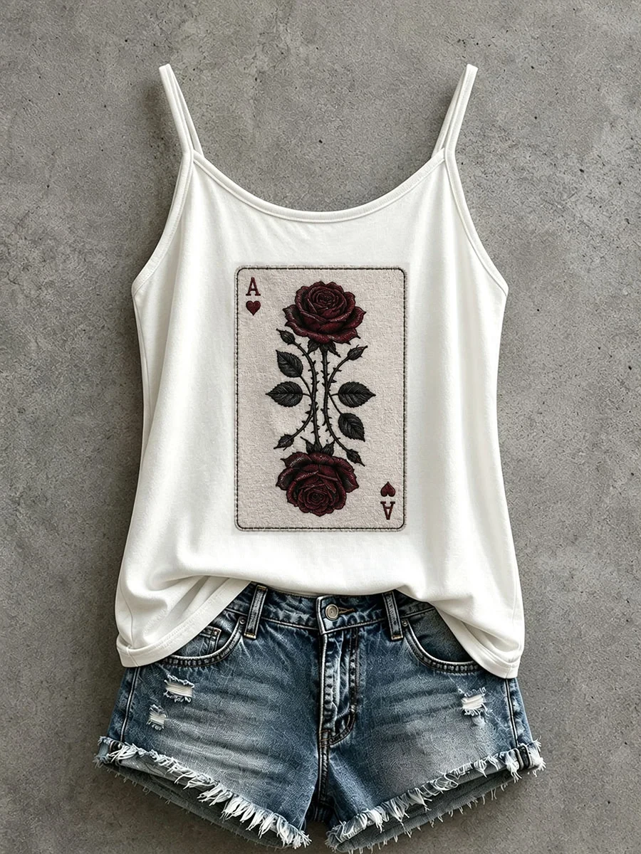 Women's Black Rose Playing Cards Tank Top Halloween Horror Nights Apparel Gift For Friends - Kdjoy