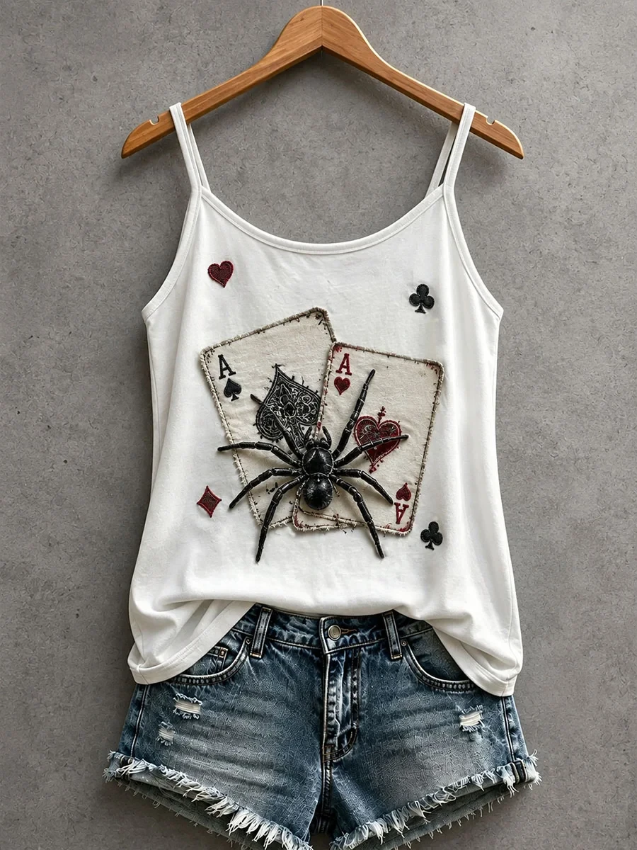Women's Black Spider Playing Cards Tank Top Halloween Clothes Gift For Best Friends - Kdjoy