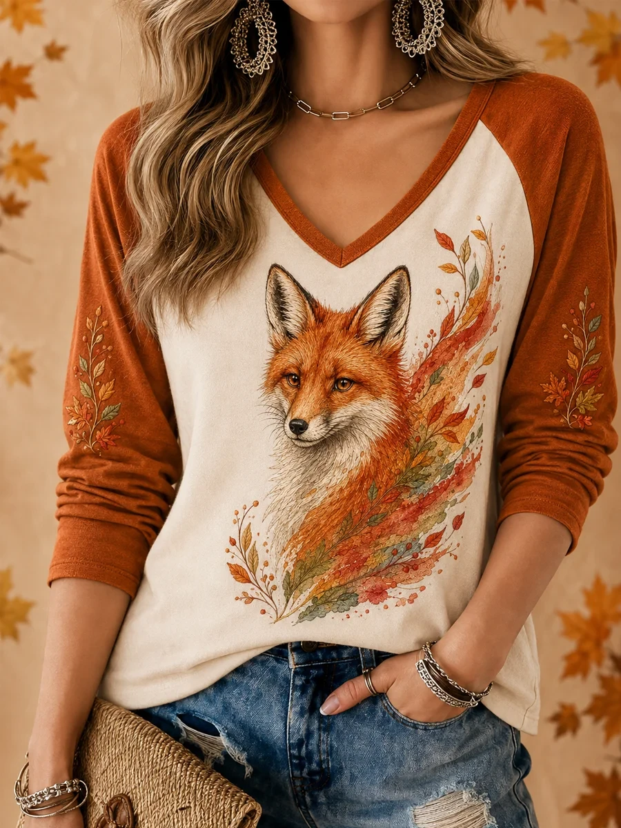 Women's Fall Fox V-Neck Long Sleeve Shirt Good Halloween Outfits Gift For Friends - Kdjoy