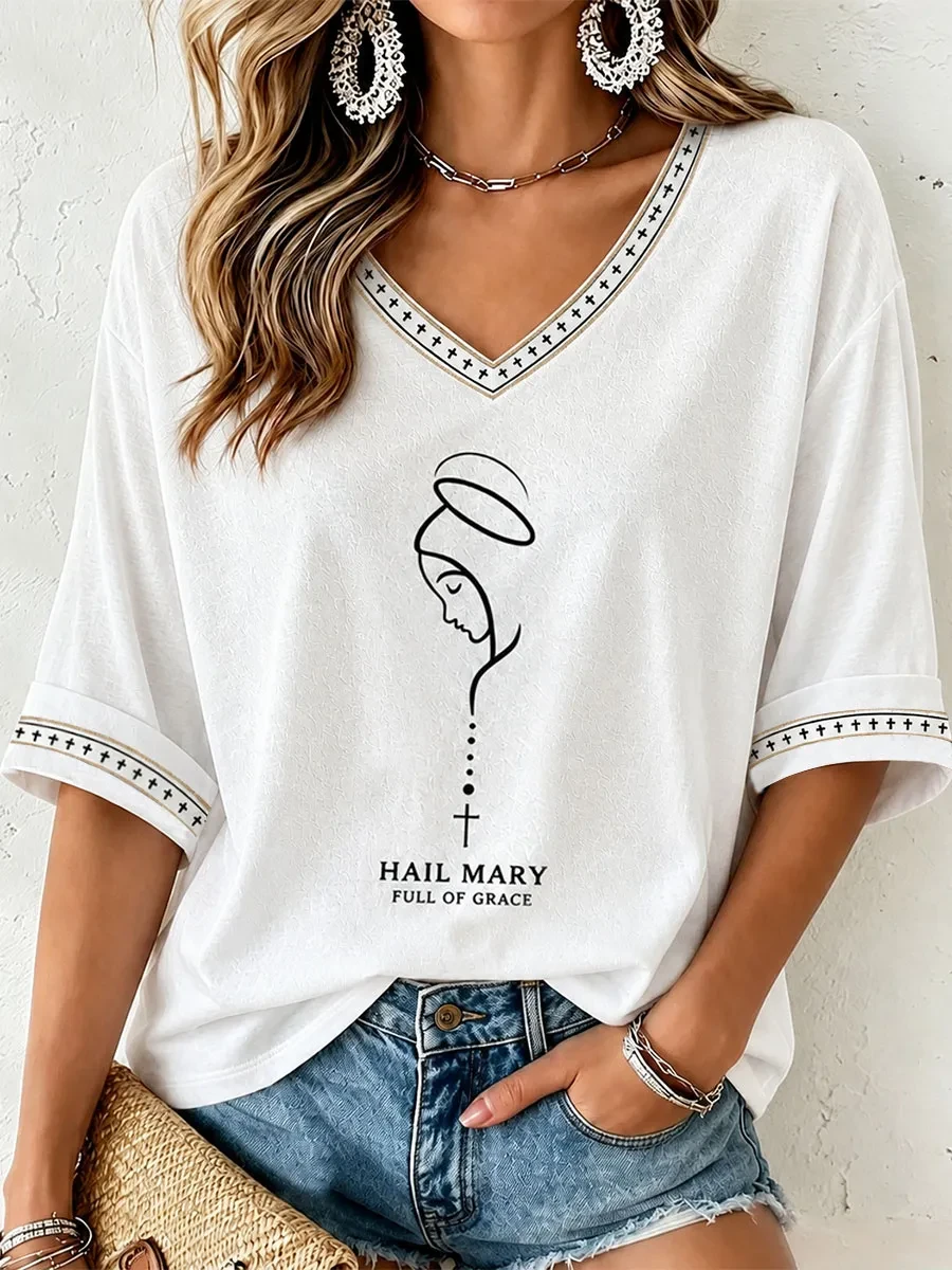Women's Hail Mary Full Of Grace Cropped Sleeve V-Neck T-Shirt Gift Ideas For Girlfriend - Kdjoy Women's Hail Mary Full Of Grace Cropped Sleeve V-Neck T-Shirt Gift Ideas For Girlfriend - Kdjoy