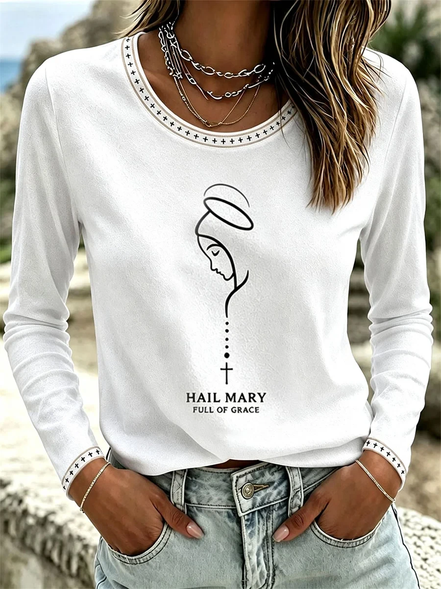 Women's Hail Mary Full Of Grace Long Sleeve Shirt Christian Gift Ideas For Friends - Kdjoy Women's Hail Mary Full Of Grace Long Sleeve Shirt Christian Gift Ideas For Friends - Kdjoy