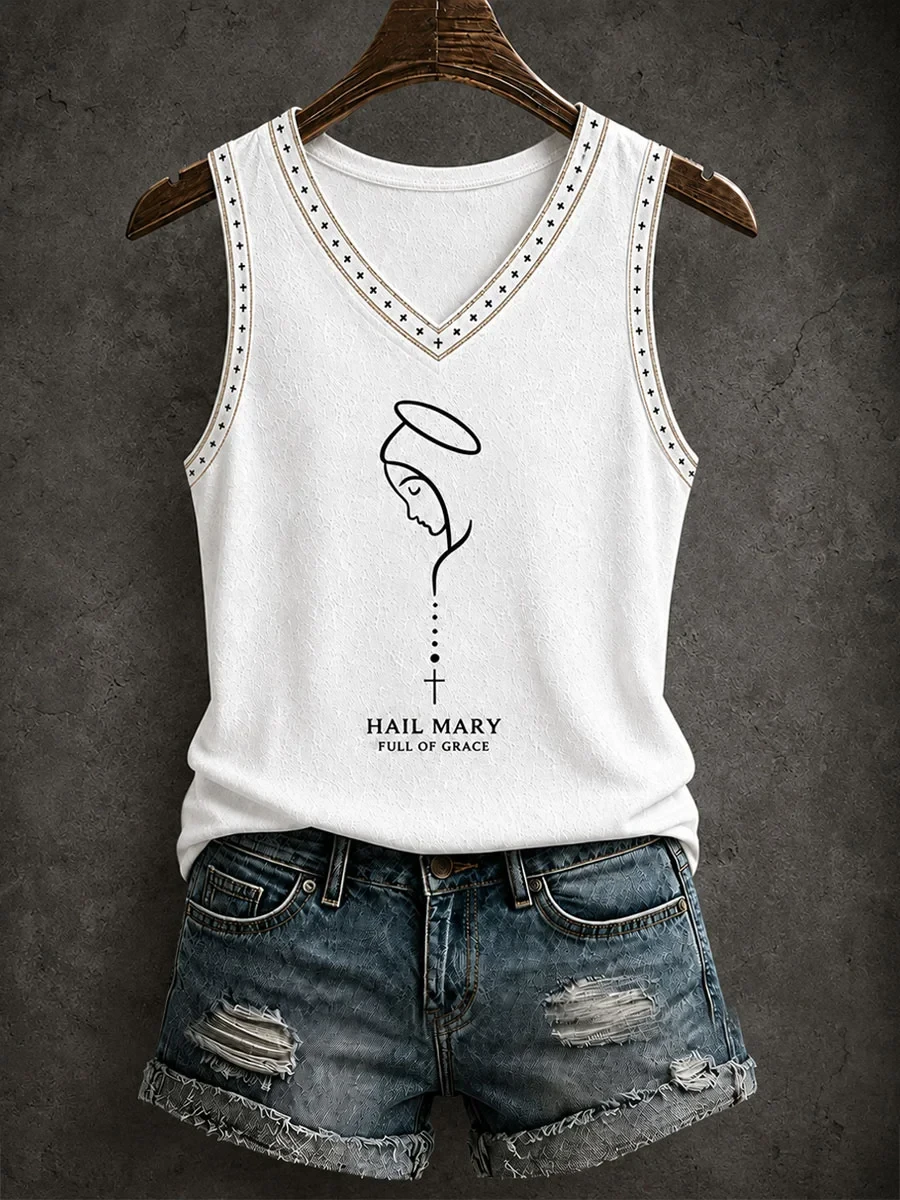 Women's Hail Mary Full Of Grace V-Neck Tank Top Christian Gift Ideas For Girlfriend - Kdjoy