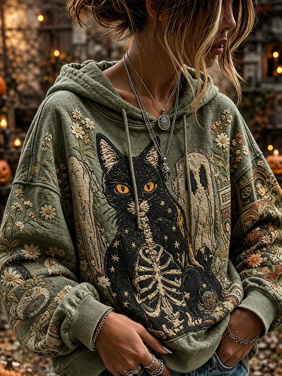Women's Halloween Black Cat Ghost Drawstring Hoodie Halloween Horror Nights Apparel Gift For Her - Kdjoy