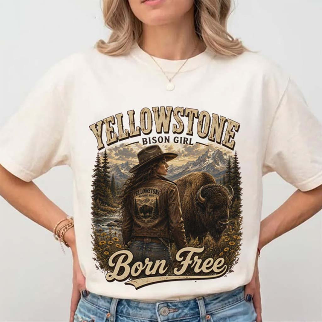 Yellowstone Bison Girl Born Free T-Shirt Western Cowgirl Outfits Best Gift For Sisters - Kdjoy Yellowstone Bison Girl Born Free T-Shirt Western Cowgirl Outfits Best Gift For Sisters - Kdjoy