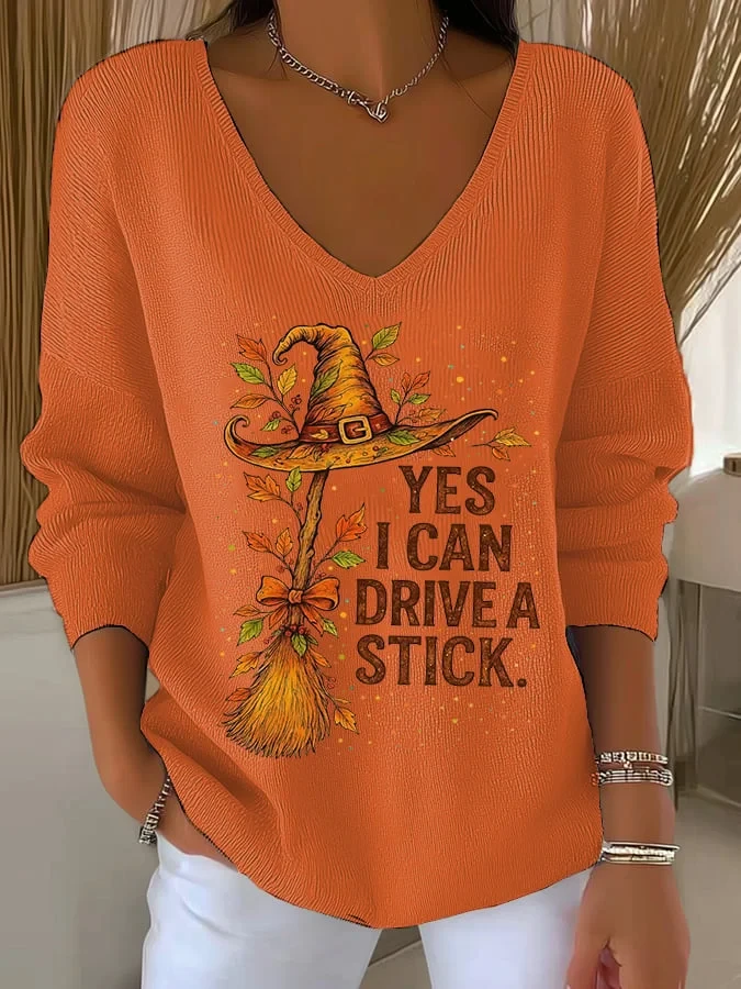Yes I Can Drive A Stick V-Neck Long Sleeve Shirt Funny Halloween Clothing Gift - Kdjoy