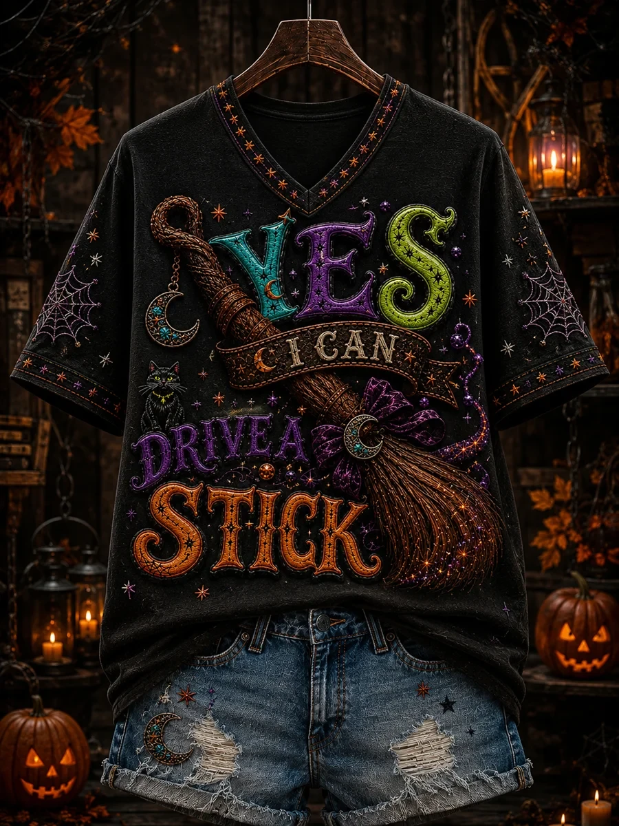 Yes I Can Drive A Stick V-Neck Shirt Witch Broom Shirts Halloween Gift For Teens - Kdjoy Yes I Can Drive A Stick V-Neck Shirt Witch Broom Shirts Halloween Gift For Teens - Kdjoy