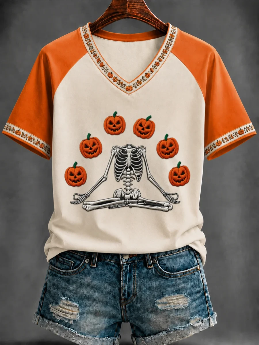 Yoga Skeleton Pumpkin V-Neck Shirt Halloween Meditating Shirts Cute Halloween Gift for Women - Kdjoy