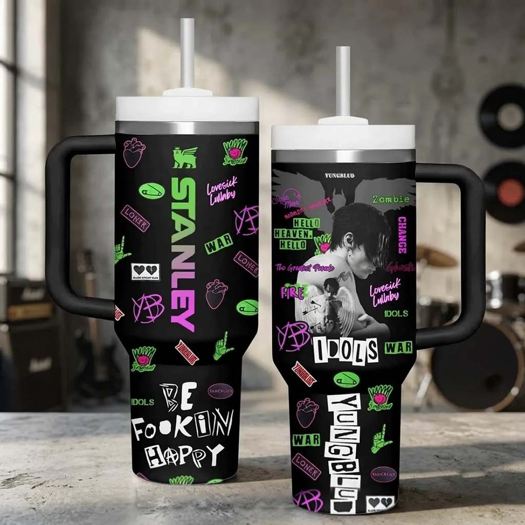 Yungblud Idols Black 40oz Tumbler Be Fookin Happy Travel Cup Yungblud Merch Gift For Fans - Kdjoy