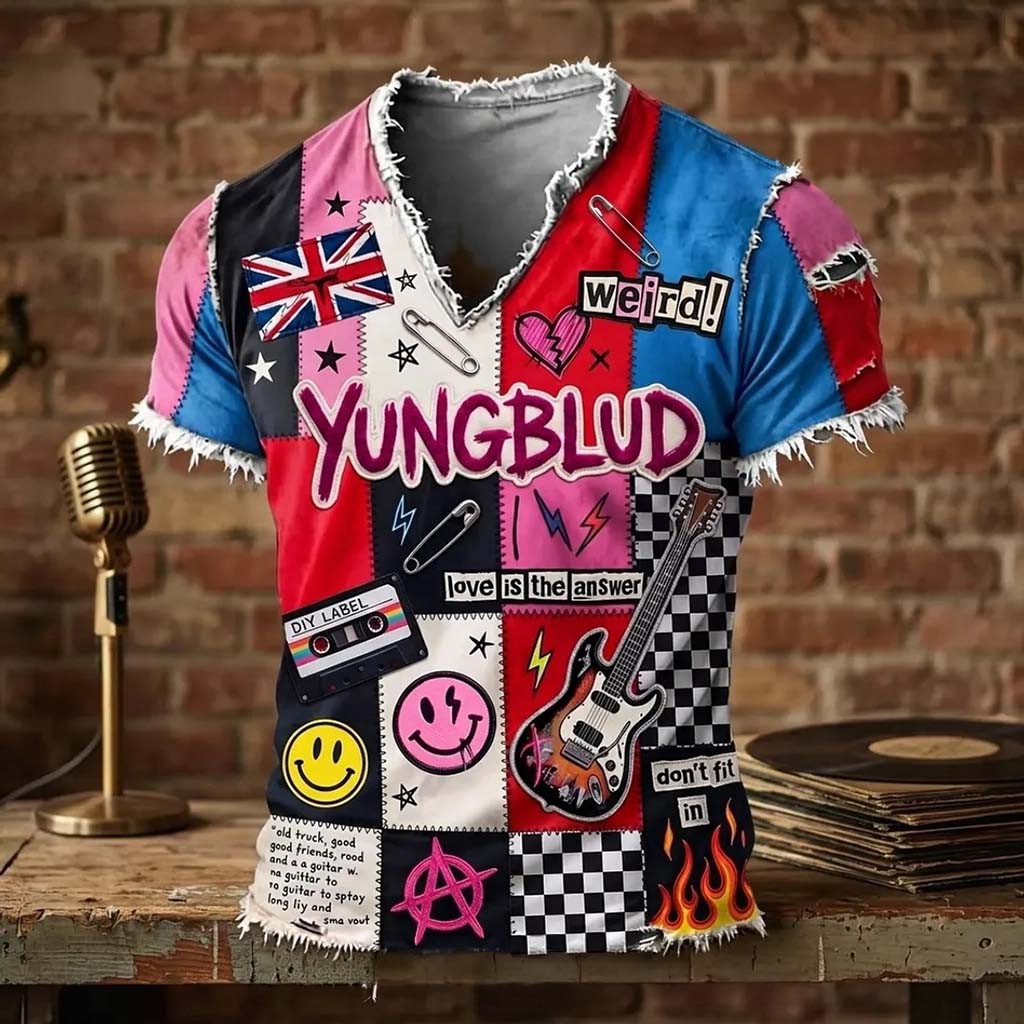 Yungblud Punk Rock Patchwork V-Neck T-Shirt 2026 Yungblud Merch Gift For Music Lovers - Kdjoy