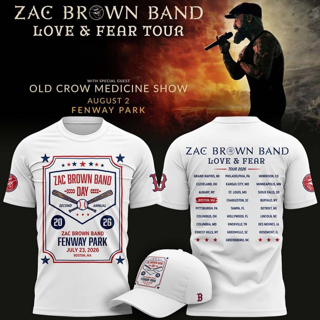 Zac Brown Band x Boston Red Sox Merch Love and Fear Tour 2026 T-Shirt White Gifts For Brother