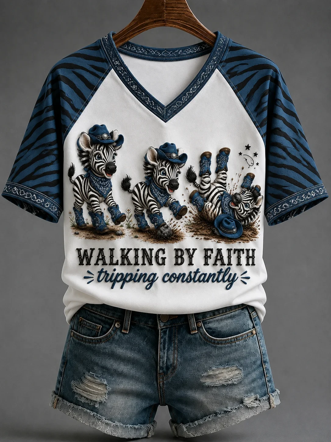 Zebra Walking By Faith Tripping Constantly V-Neck Shirt Christian Faith Apparel Religious Gifts - Kdjoy