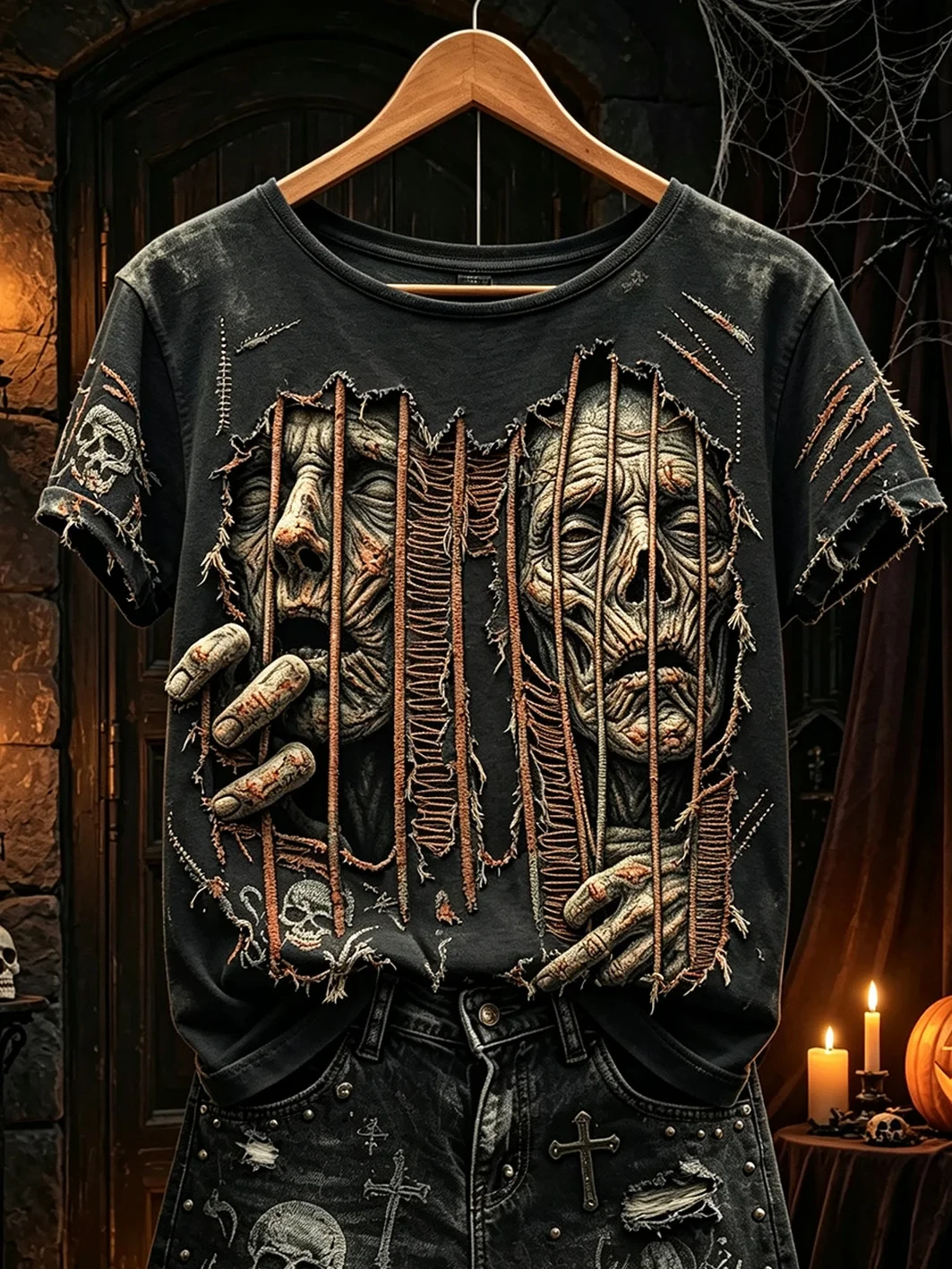 Zombie Prison Bars Torn Fabric T-Shirt Halloween Spooky Shirt Gifts For Wife - Kdjoy