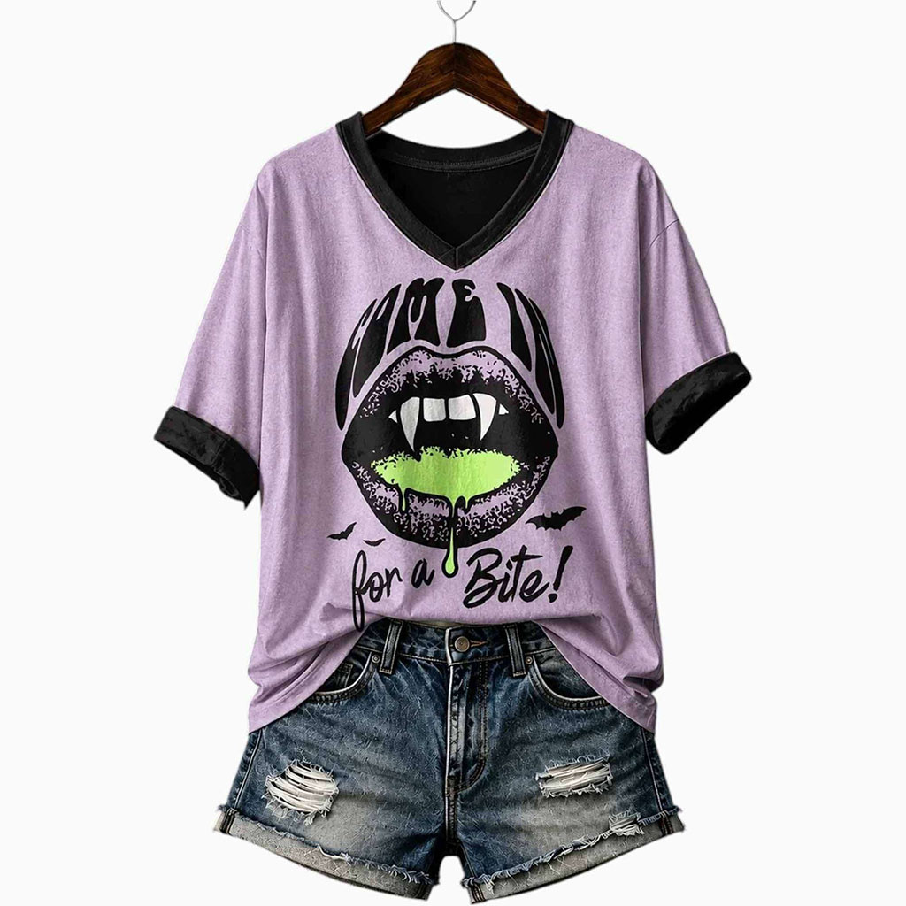 2026 Come In For A Bite Vampire Lips V-Neck Shirt Halloween Apparel Gift For Her